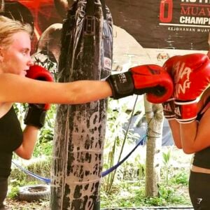Two girls sparring @ Sitjemam Muay Thai Camp, Pai, Northern Thailand.