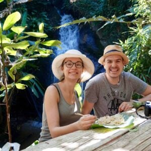 Having lunch by the waterfall in Doi Inthanon National Park, Thailand.