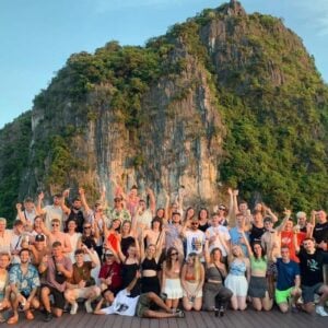 Group pic behind mountain peak view, Halong Hideaway